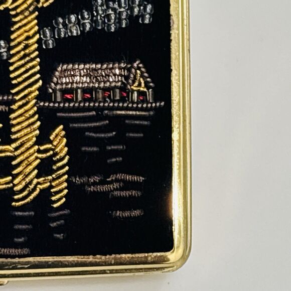 Vintage Compact Mirror Japan Black Velvet Beaded Gold Tone New Light - Picture 3 of 16